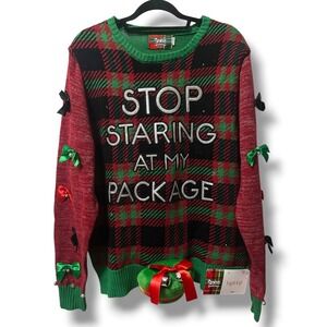 NEW Spencer's Light Up Ugly Christmas Sweater Stop Staring At My Package Mens XL